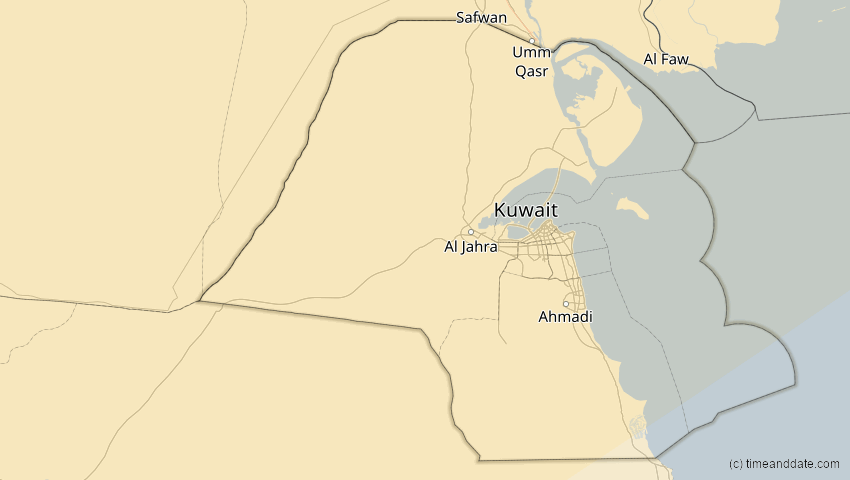 A map of Kuwait, showing the path of the 4. Jan 2011 Partielle Sonnenfinsternis