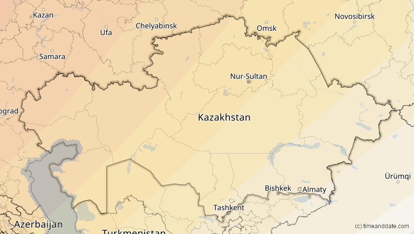 A map of Kasachstan, showing the path of the 4. Jan 2011 Partielle Sonnenfinsternis