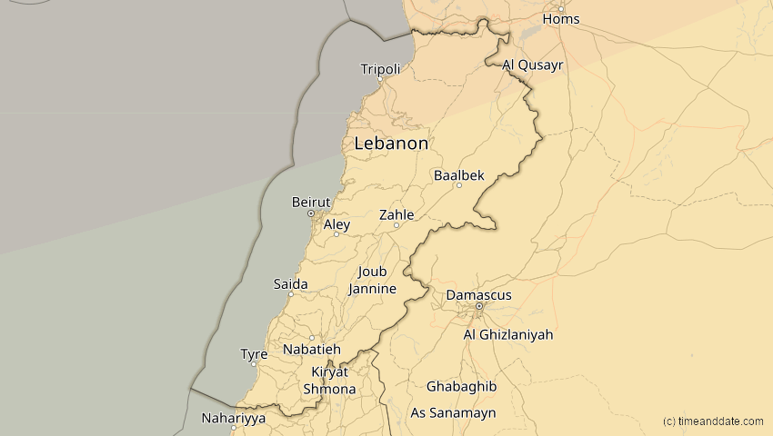 A map of Libanon, showing the path of the 4. Jan 2011 Partielle Sonnenfinsternis