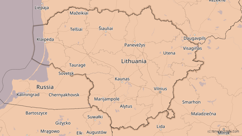 A map of Litauen, showing the path of the 4. Jan 2011 Partielle Sonnenfinsternis
