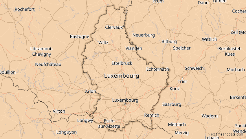 A map of Luxemburg, showing the path of the 4. Jan 2011 Partielle Sonnenfinsternis