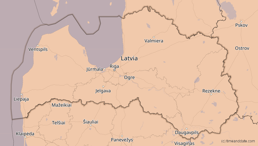 A map of Lettland, showing the path of the 4. Jan 2011 Partielle Sonnenfinsternis