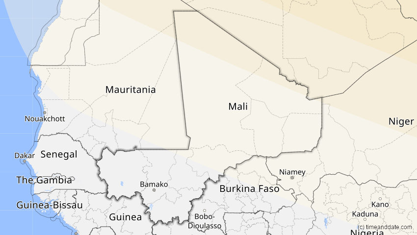 A map of Mali, showing the path of the 4. Jan 2011 Partielle Sonnenfinsternis