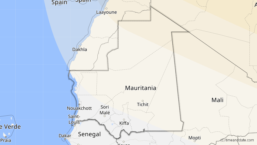 A map of Mauretanien, showing the path of the 4. Jan 2011 Partielle Sonnenfinsternis