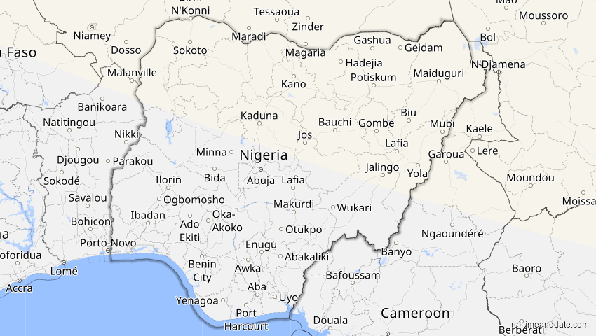 A map of Nigeria, showing the path of the 4. Jan 2011 Partielle Sonnenfinsternis