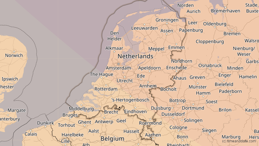 A map of Niederlande, showing the path of the 4. Jan 2011 Partielle Sonnenfinsternis