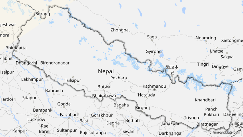 A map of Nepal, showing the path of the 4. Jan 2011 Partielle Sonnenfinsternis