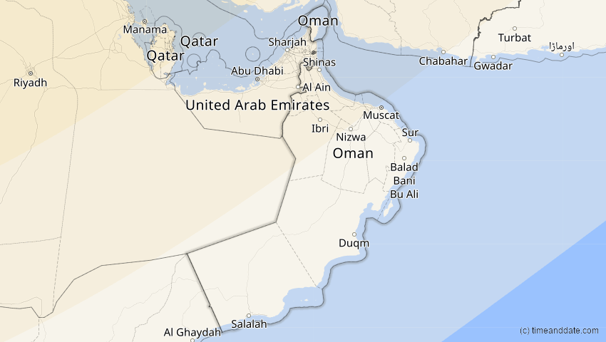 A map of Oman, showing the path of the 4. Jan 2011 Partielle Sonnenfinsternis