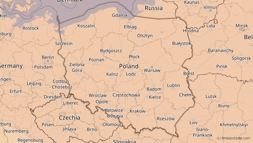 A map of Polen, showing the path of the 4. Jan 2011 Partielle Sonnenfinsternis