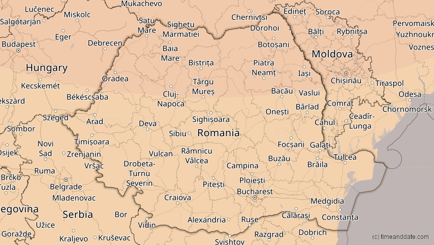A map of Rumänien, showing the path of the 4. Jan 2011 Partielle Sonnenfinsternis