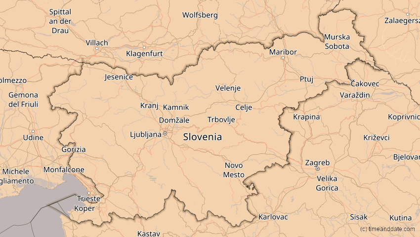 A map of Slowenien, showing the path of the 4. Jan 2011 Partielle Sonnenfinsternis