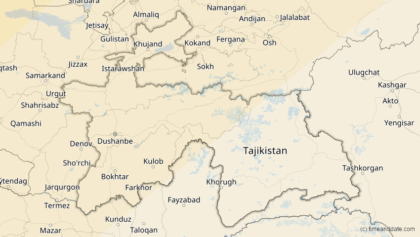 A map of Tadschikistan, showing the path of the 4. Jan 2011 Partielle Sonnenfinsternis