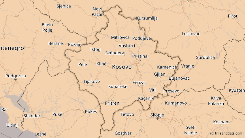 A map of Kosovo, showing the path of the 4. Jan 2011 Partielle Sonnenfinsternis