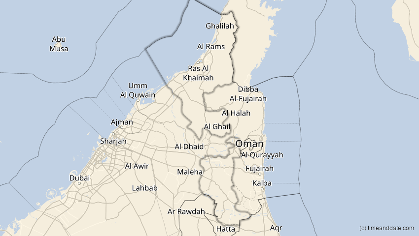 A map of Ra’s al-Chaima, Vereinigte Arabische Emirate, showing the path of the 4. Jan 2011 Partielle Sonnenfinsternis