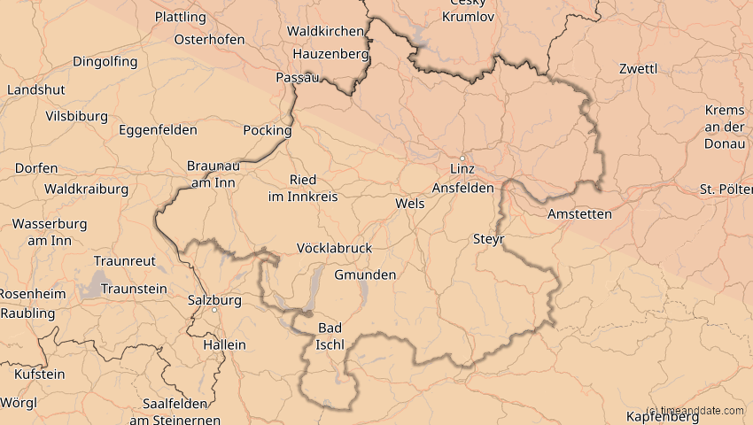 A map of Oberösterreich, Österreich, showing the path of the 4. Jan 2011 Partielle Sonnenfinsternis