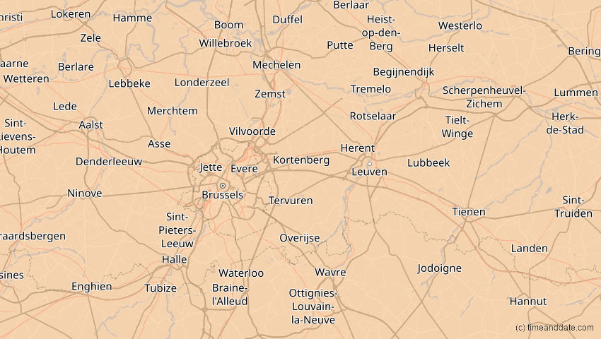 A map of Flämisch-Brabant, Belgien, showing the path of the 4. Jan 2011 Partielle Sonnenfinsternis
