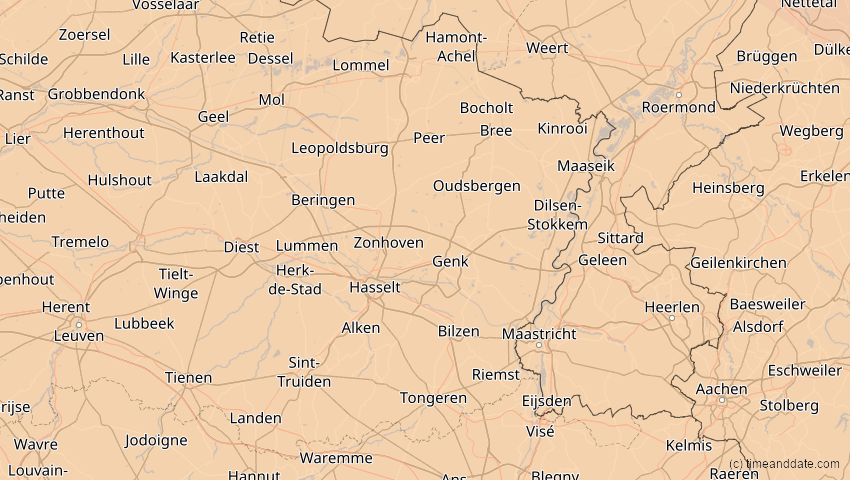 A map of Limburg, Belgien, showing the path of the 4. Jan 2011 Partielle Sonnenfinsternis