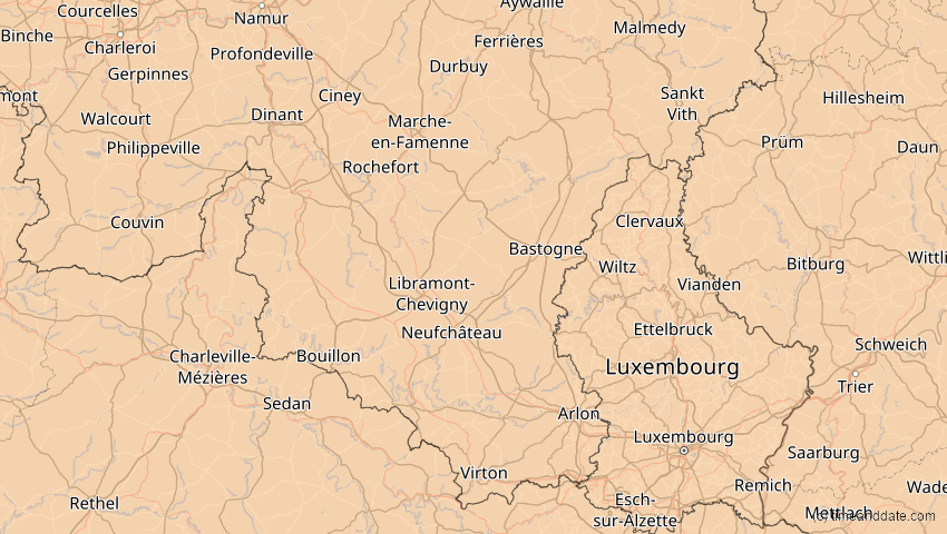 A map of Luxemburg, Belgien, showing the path of the 4. Jan 2011 Partielle Sonnenfinsternis