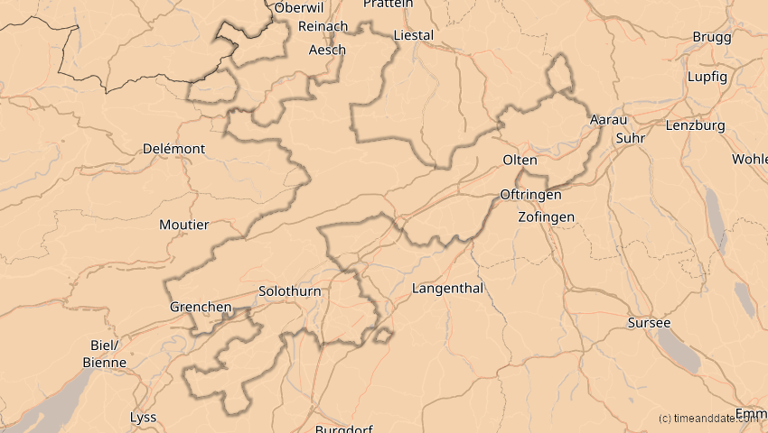 A map of Solothurn, Schweiz, showing the path of the 4. Jan 2011 Partielle Sonnenfinsternis