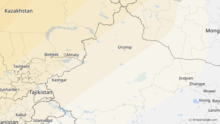 A map of Xinjiang, China, showing the path of the 4. Jan 2011 Partielle Sonnenfinsternis