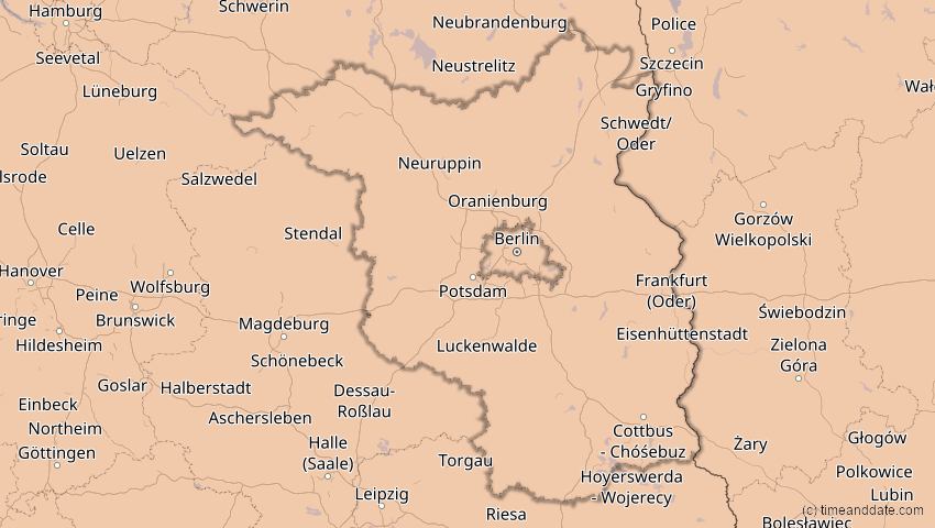 A map of Brandenburg, Deutschland, showing the path of the 4. Jan 2011 Partielle Sonnenfinsternis