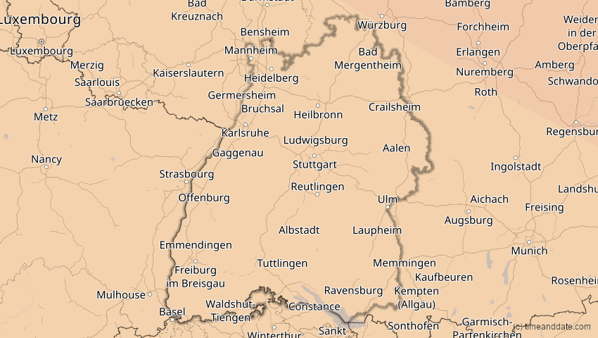 A map of Baden-Württemberg, Deutschland, showing the path of the 4. Jan 2011 Partielle Sonnenfinsternis