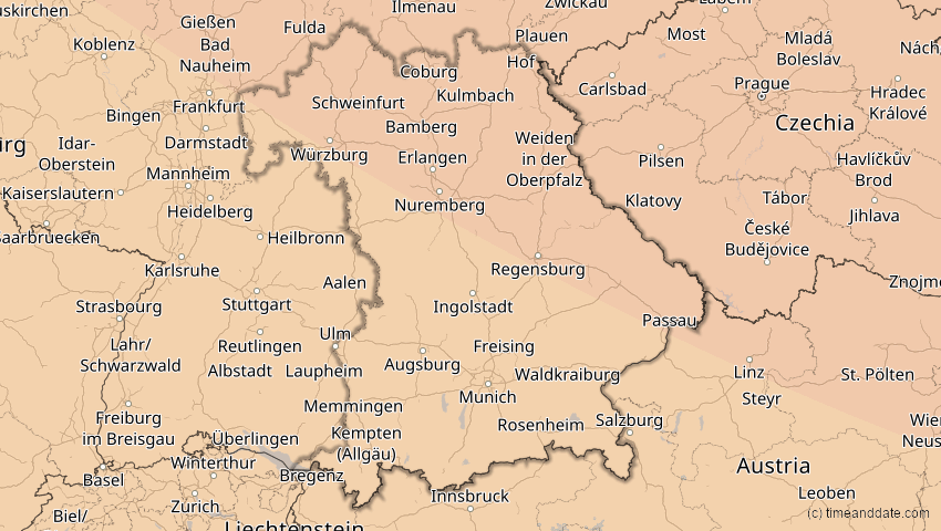 A map of Bayern, Deutschland, showing the path of the 4. Jan 2011 Partielle Sonnenfinsternis