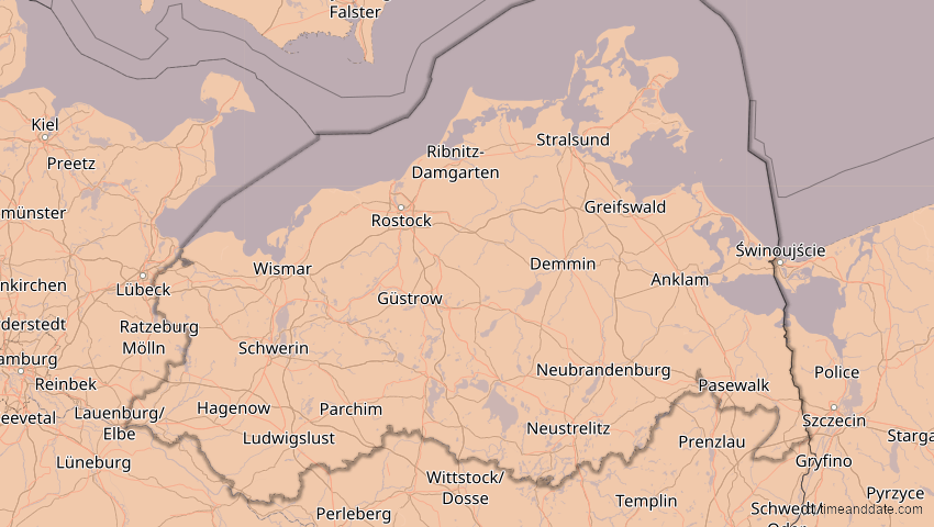 A map of Mecklenburg-Vorpommern, Deutschland, showing the path of the 4. Jan 2011 Partielle Sonnenfinsternis