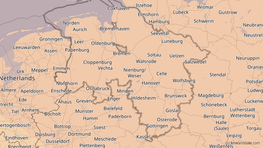 A map of Niedersachsen, Deutschland, showing the path of the 4. Jan 2011 Partielle Sonnenfinsternis