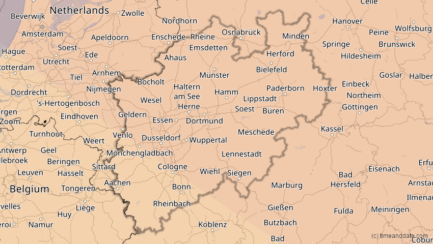 A map of Nordrhein-Westfalen, Deutschland, showing the path of the 4. Jan 2011 Partielle Sonnenfinsternis