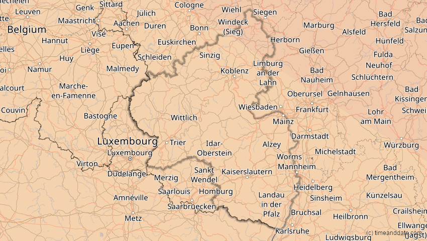 A map of Rheinland-Pfalz, Deutschland, showing the path of the 4. Jan 2011 Partielle Sonnenfinsternis