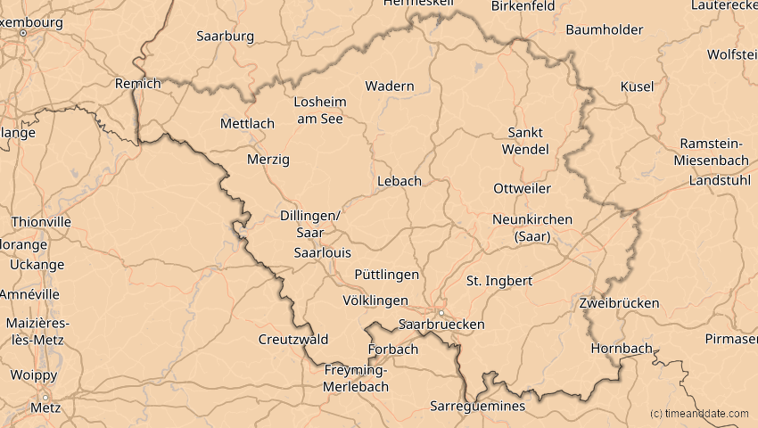 A map of Saarland, Deutschland, showing the path of the 4. Jan 2011 Partielle Sonnenfinsternis