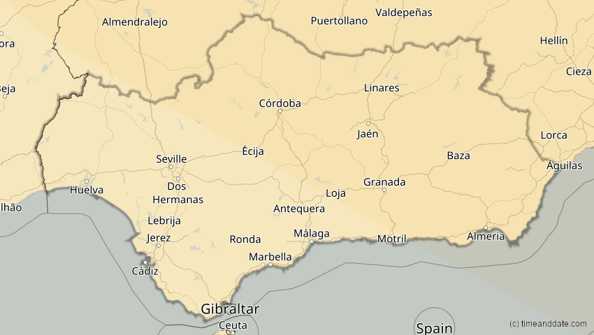 A map of Andalusien, Spanien, showing the path of the 4. Jan 2011 Partielle Sonnenfinsternis