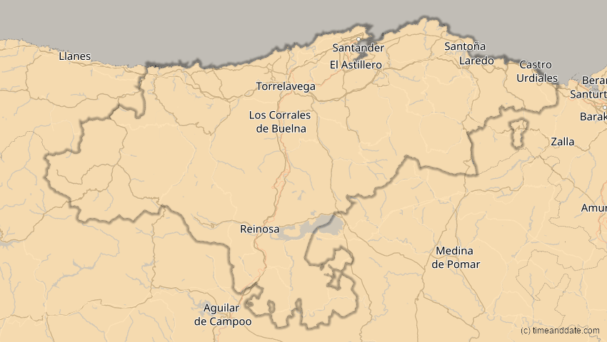 A map of Kantabrien, Spanien, showing the path of the 4. Jan 2011 Partielle Sonnenfinsternis