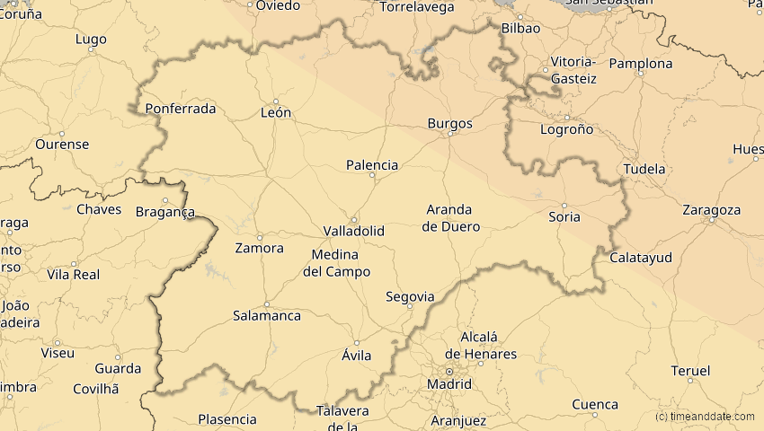 A map of Kastilien und León, Spanien, showing the path of the 4. Jan 2011 Partielle Sonnenfinsternis