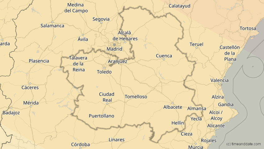 A map of Kastilien-La Mancha, Spanien, showing the path of the 4. Jan 2011 Partielle Sonnenfinsternis