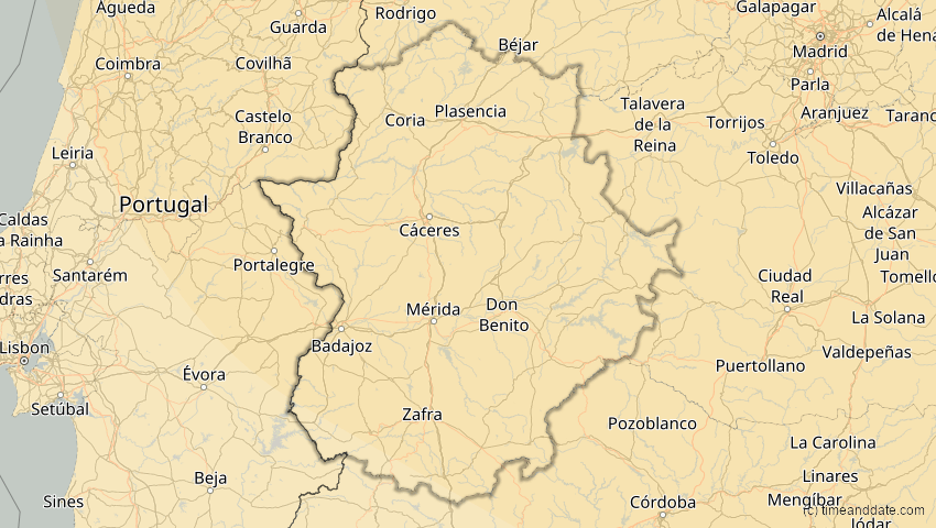 A map of Extremadura, Spanien, showing the path of the 4. Jan 2011 Partielle Sonnenfinsternis