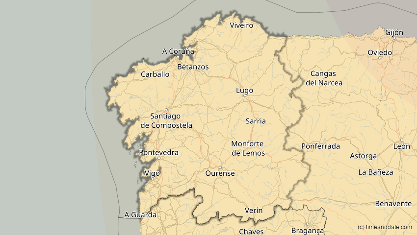 A map of Galicien, Spanien, showing the path of the 4. Jan 2011 Partielle Sonnenfinsternis