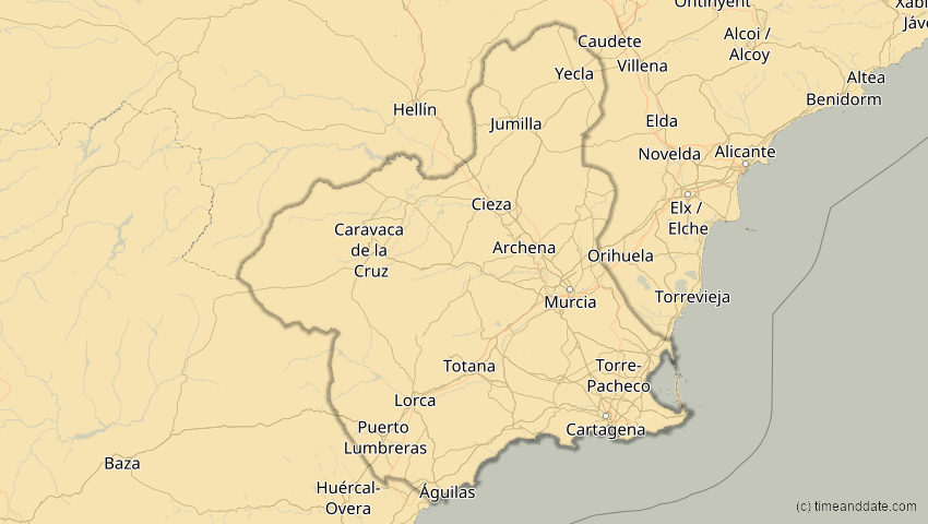A map of Murcia, Spanien, showing the path of the 4. Jan 2011 Partielle Sonnenfinsternis