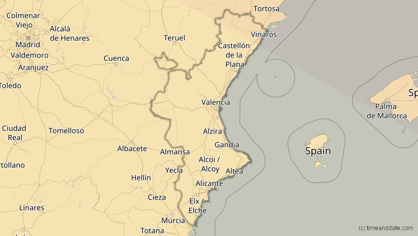 A map of Valencia, Spanien, showing the path of the 4. Jan 2011 Partielle Sonnenfinsternis