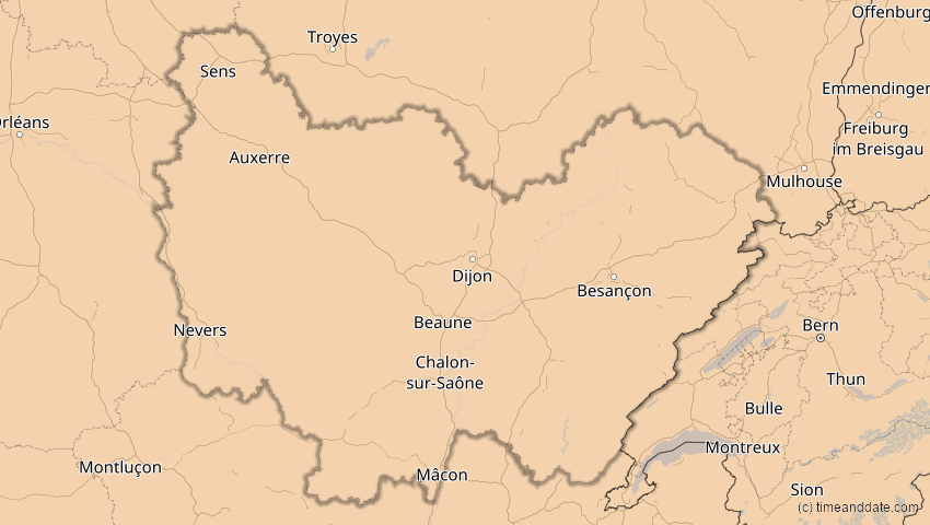 A map of Bourgogne-Franche-Comté, Frankreich, showing the path of the 4. Jan 2011 Partielle Sonnenfinsternis