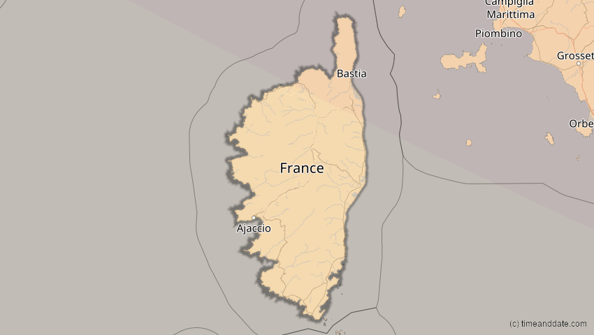 A map of Korsika, Frankreich, showing the path of the 4. Jan 2011 Partielle Sonnenfinsternis