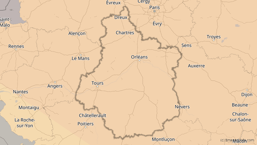 A map of Centre-Val de Loire, Frankreich, showing the path of the 4. Jan 2011 Partielle Sonnenfinsternis