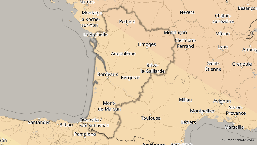 A map of Nouvelle-Aquitaine, Frankreich, showing the path of the 4. Jan 2011 Partielle Sonnenfinsternis