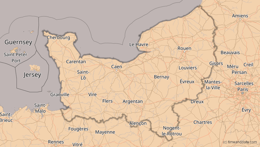 A map of Normandie, Frankreich, showing the path of the 4. Jan 2011 Partielle Sonnenfinsternis