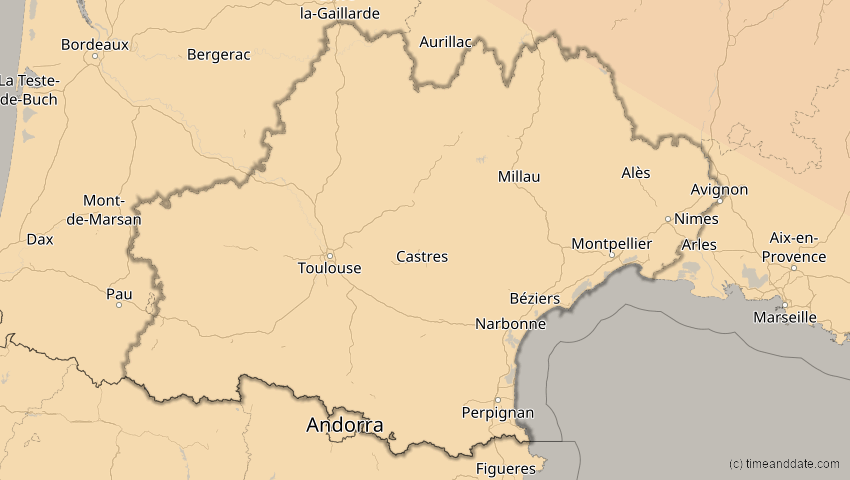 A map of Okzitanien, Frankreich, showing the path of the 4. Jan 2011 Partielle Sonnenfinsternis