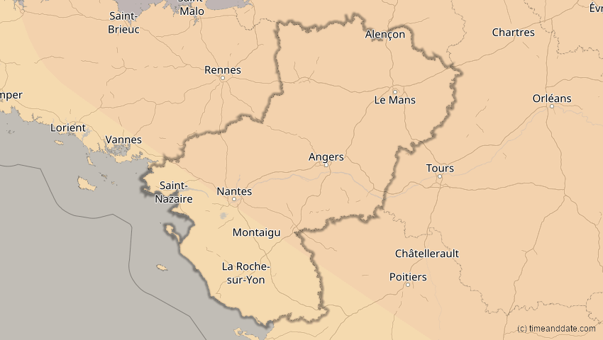 A map of Pays de la Loire, Frankreich, showing the path of the 4. Jan 2011 Partielle Sonnenfinsternis