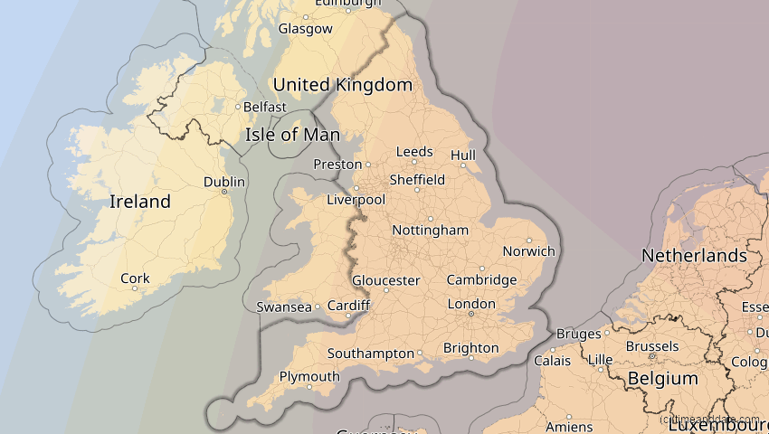 A map of England, Großbritannien, showing the path of the 4. Jan 2011 Partielle Sonnenfinsternis