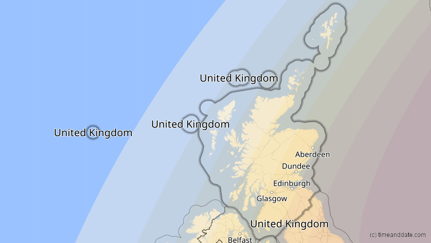 A map of Schottland, Großbritannien, showing the path of the 4. Jan 2011 Partielle Sonnenfinsternis