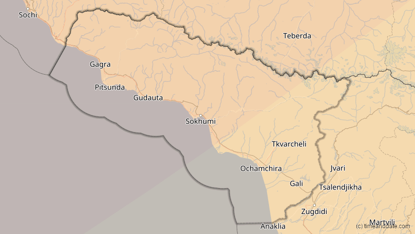 A map of Abchasien, Georgien, showing the path of the 4. Jan 2011 Partielle Sonnenfinsternis